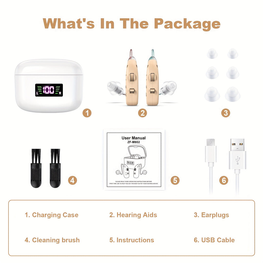 Rechargeable Hearing Amplifier with Listed Magnetic Charging Case, Silicone Ear Tips and Adjustable Listening Wording in TM802 Brown or Silvery Options for Adults