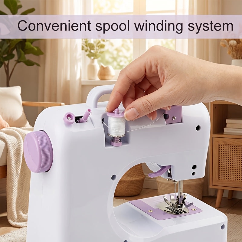 Sewing Machine with Adjustable Speed and 12 Stitch Patterns, White Purple Portable Electric Design for Beginner Practice, Home Fabric Repairs and DIY Crafts