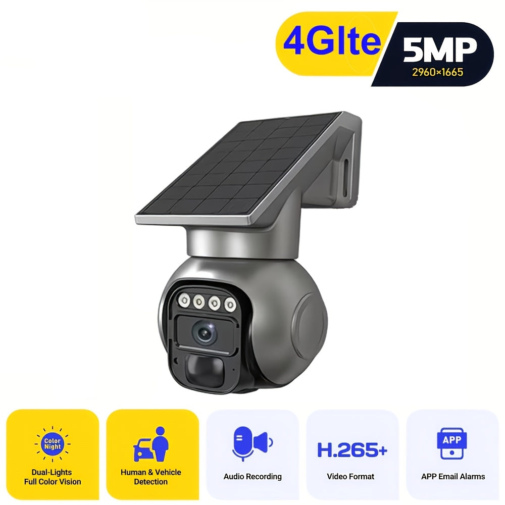 1-2pcs - 4G LTE Solar Security Camera, Wireless Outdoor, No WiFi Needed, Solar Powered Camera, 360° Live View, 5MP HD Night Vision, Two-Way Audio, Waterproof, Ideal For Hunting And Farm Trail Cameras, Off-Grid Farm And Wildlife Monitoring.