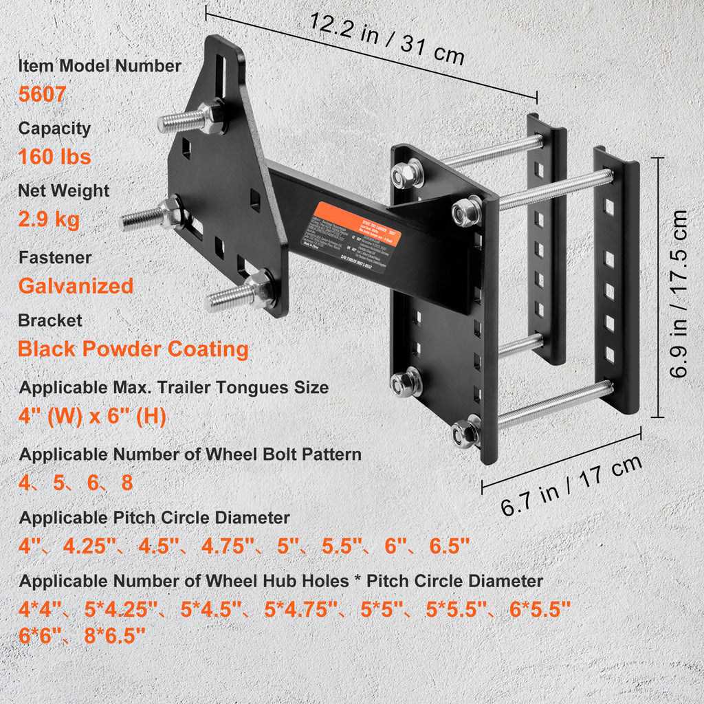 Trailer Spare Tire Carrier by VEVOR for Compatible Utility and Boat Trailers, Three-Bolt Wheel Mount with Listed 160 lb Capacity and Galvanized Hardware