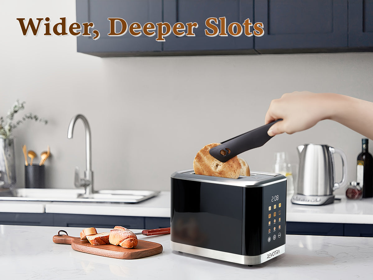 LED Display Breakfast Toaster in Black with Stainless Steel Construction, Wide Slots, Six Toasting Levels, Defrost, Heat and Cancel Functions and Crumb Tray