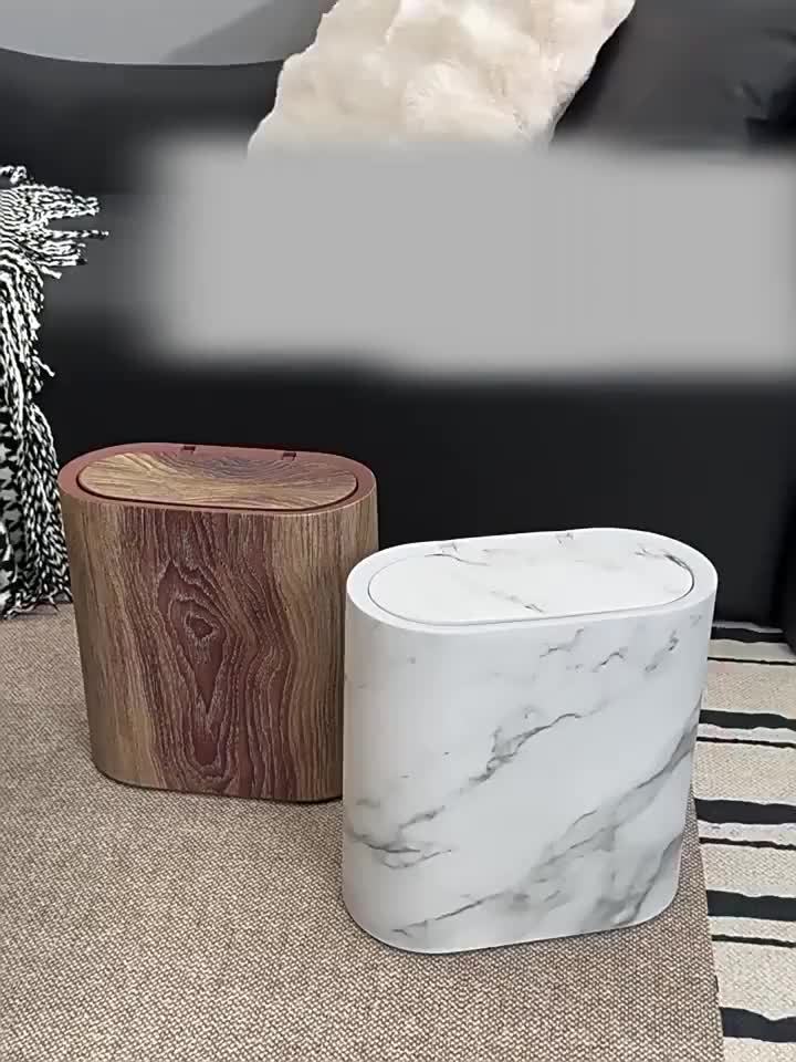 Plastic Wastebasket with Built-In Handles, Wood Grain, Black or White Options and Two-Piece Set for Bathroom, Laundry Room and Home Office