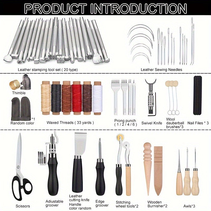 Leather Craft Tool Kit by WUTUREE, Listed 72-Piece Assortment with Faux Leather Storage Bag, Punching and Stamping Tools for Cutting and Hand Sewing DIY Projects
