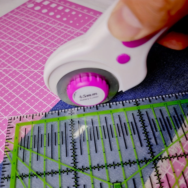 Rotary Fabric Cutter Set with Listed 45mm Blade, Five Replacement Blades, A4 Mat, Craft Knife and Acrylic Ruler in White Pink or Red for Quilting Projects