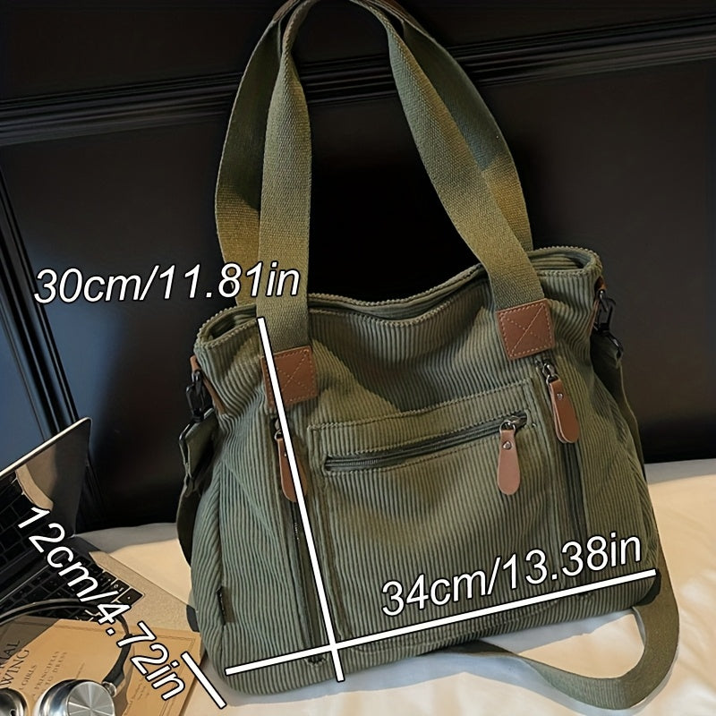 Retro Workwear Corduroy Handbag with Multiple Pockets, Women's Adjustable-Strap Shoulder and Crossbody Bag in Black, Grey or Green for Daily Commuting