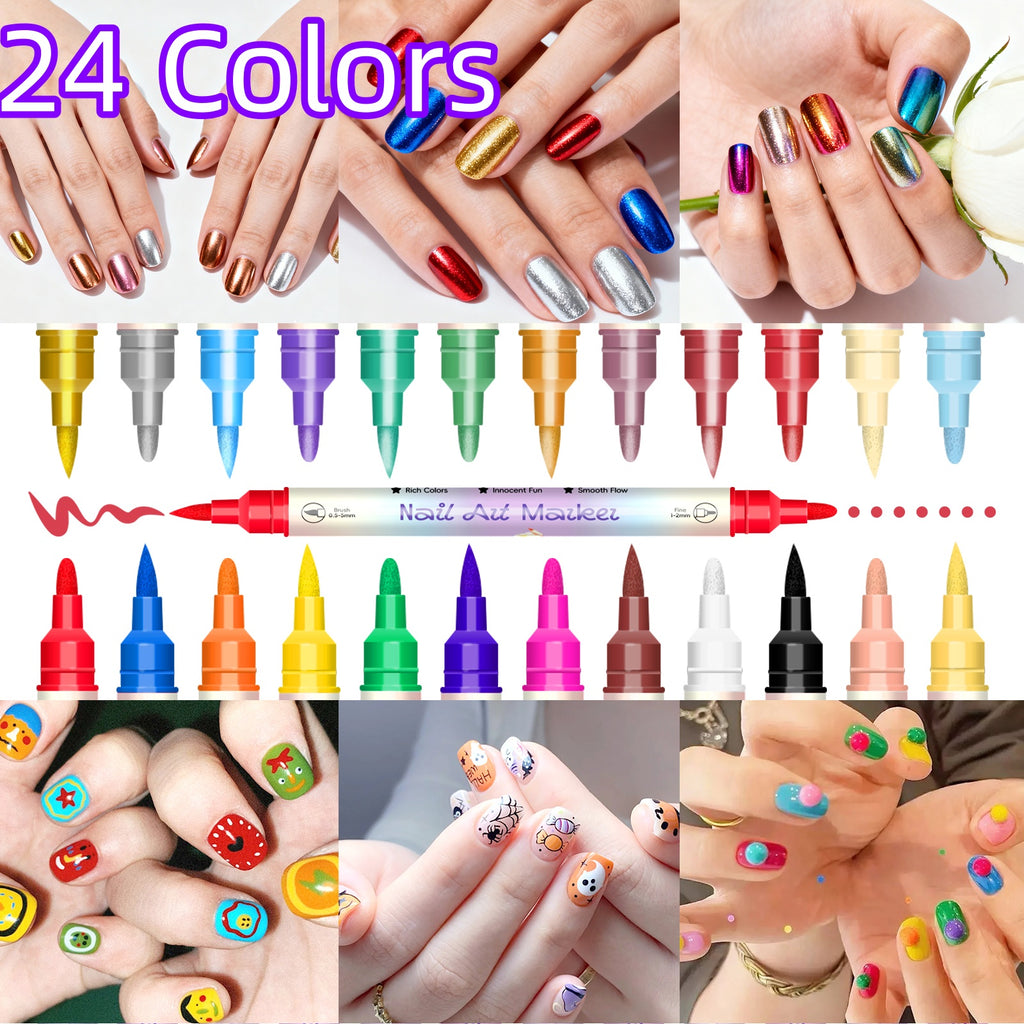 Dual-Tip Nail Art Markers 24-Piece Set, 12 Metallic and 12 Dopamine Color Acrylic Paint Pens for Graffiti-Inspired DIY Manicure Designs at Home or Salon