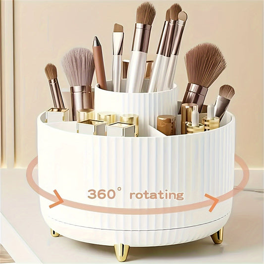 Rotating Makeup Organizer with Five Compartments, 360-Degree Plastic Cosmetic Brush and Lipstick Holder with Stripe Design for Vanity Storage and Desk Stationery