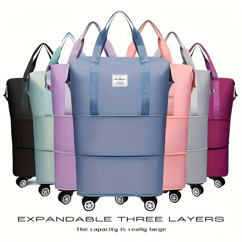 3-in-1 Expandable Travel Duffel Bag, Foldable Nylon Weekend Tote with Detachable Spinner Design and Wheel-Free Pink Option for Overnight Trips and Moving