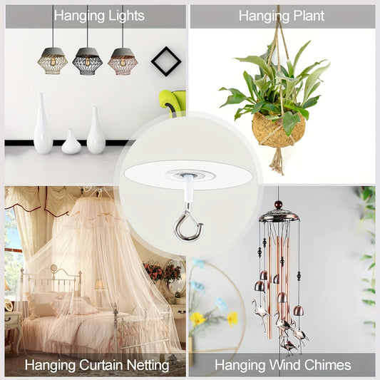 Adhesive Ceiling Eye Hooks in Silvery Finish, Bonded Utility Hanging Hooks with 2, 3, 4, 5, 8 or 10-Piece Options for Compatible Home Decor Mounting