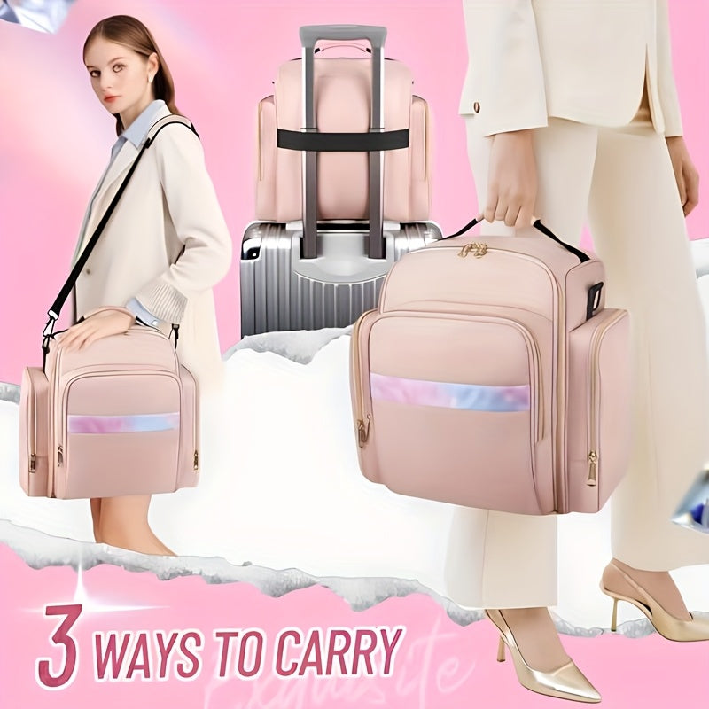 Removable-Pouch Makeup Organizer in Pink with Four Listed Inner Pouches and Jewelry Roll, Multifunction Cosmetic Travel Case for Beauty Essentials and Trip Packing