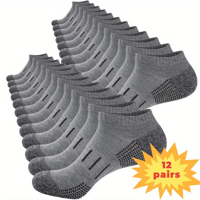 Men's Cushioned Low-Cut Socks 12-Pair Pack, 100% Polyester Knit Casual Socks in Black or Dark Gray with One-Size Label for Everyday Shoe Pairing