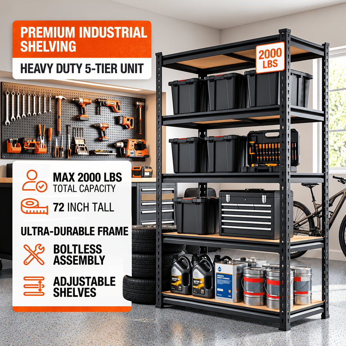 Garage Shelving Rack with Listed 72-Inch Height and Five Adjustable Metal Tiers for Household Supply Storage, Pantry Organization, Craft Rooms and Basements