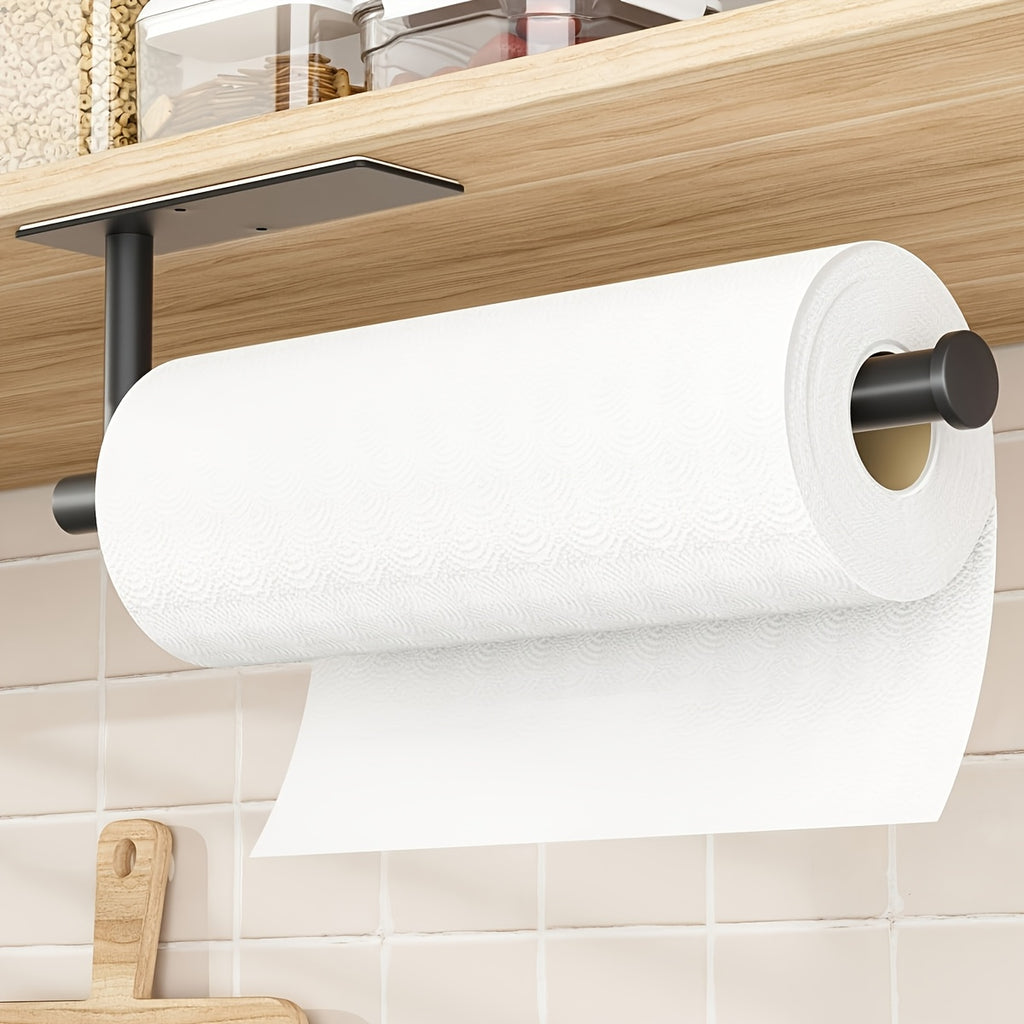 Self-Adhesive Paper Towel Holder in Stainless Steel, Single No-Drill Wall-Mounted Roll Organizer in Silvery or Black for Kitchen and Bathroom Storage