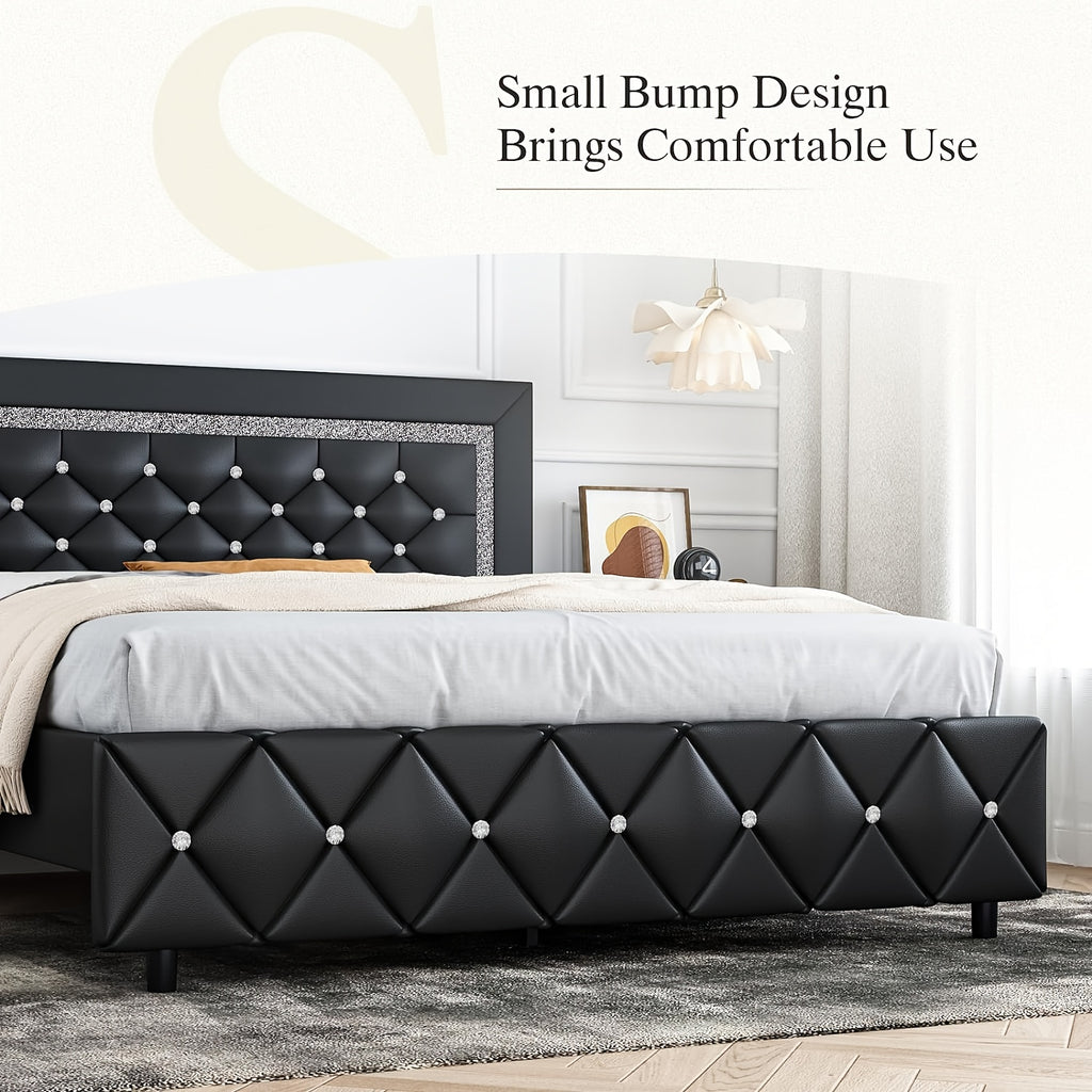 Diamond Tufted Upholstered Bed Frame in Black Faux Leather with Headboard, Footboard and Wooden Slat Support, Twin, Full, Queen and King Options