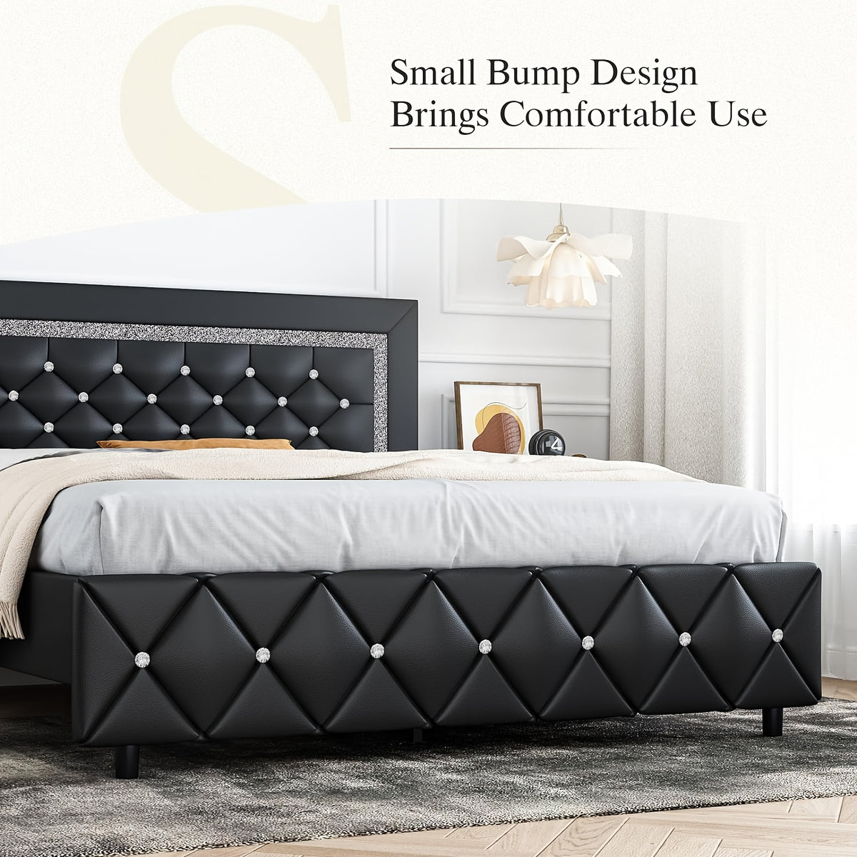 Diamond Tufted Upholstered Bed Frame in Black Faux Leather with Headboard, Footboard and Wooden Slat Support, Twin, Full, Queen and King Options