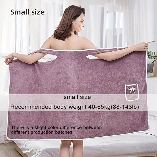 Wearable Bath Towel with Pocket and Bow Detail, Women's 220 GSM Polyester Knit Wrap-Around Bath Skirt in Two Sizes with Purple, Blue and Pink Options