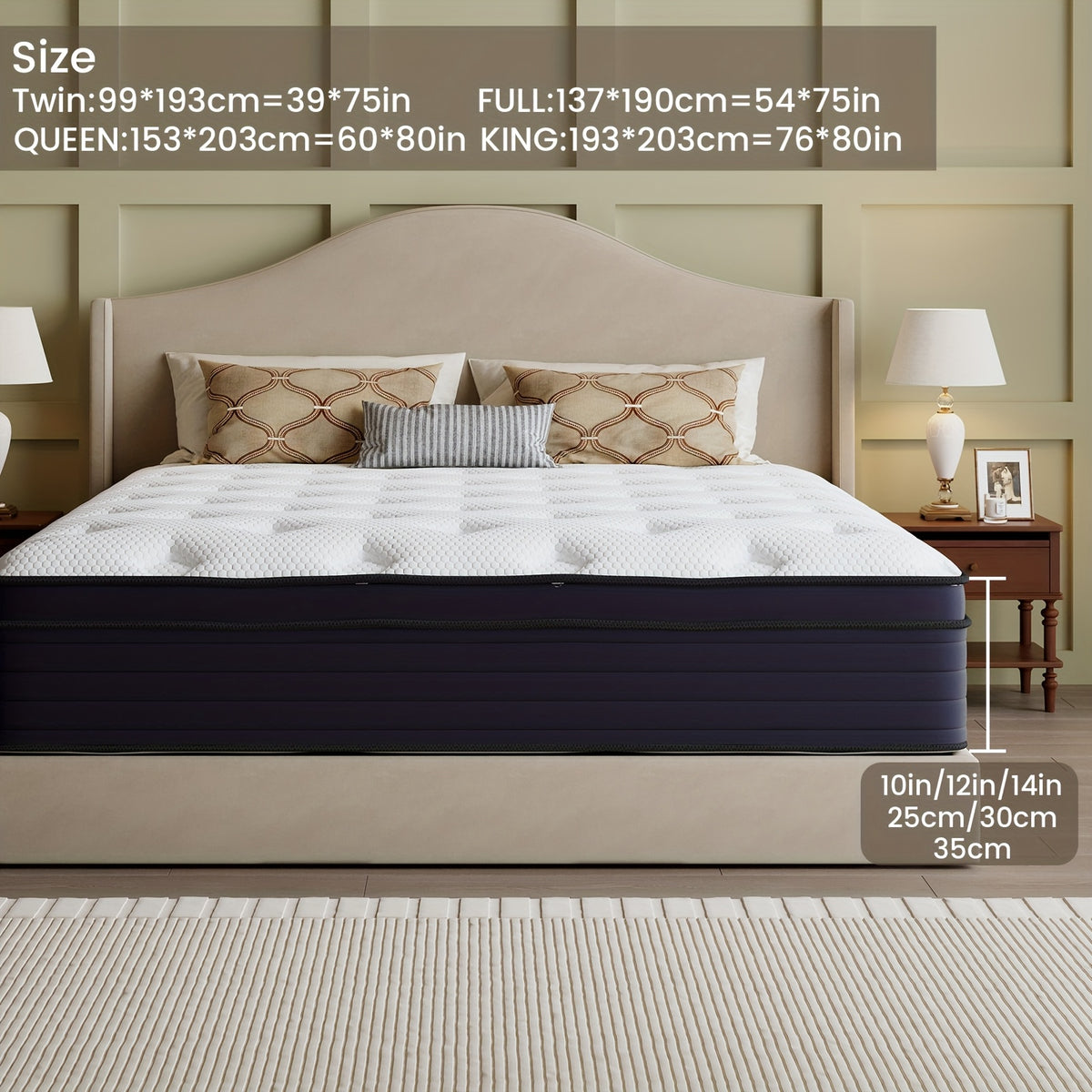 Spring and Foam Mattress with Listed Reinforced Edges and Firm Support, Twin to King Size Labels and 8, 10, 12 or 14-Inch Thickness Options for Home Bedrooms