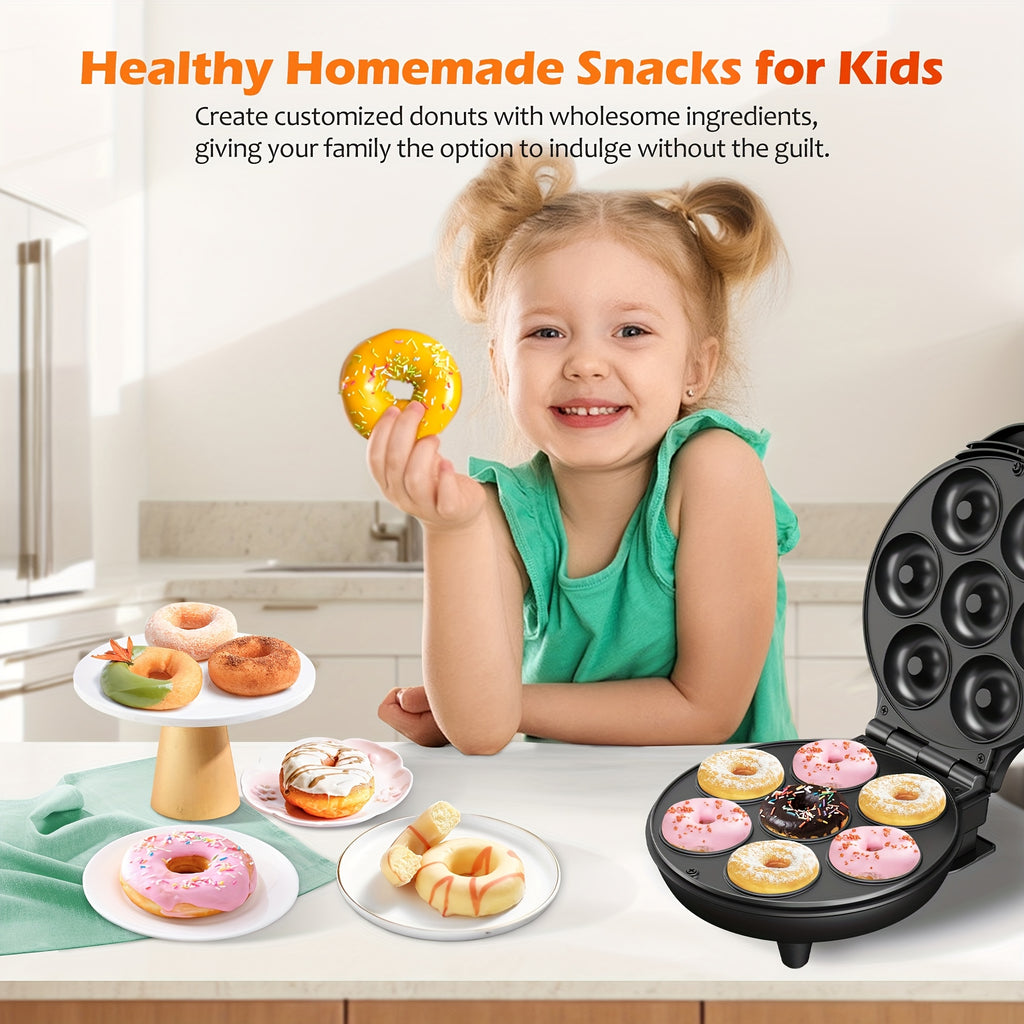 Mini Donut Maker with 7 Slots and Nonstick Cooking Plates for Homemade Breakfast Treats, After-School Snacks, Family Desserts and Decorating Fun