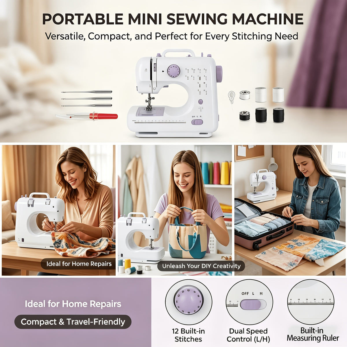 12-Stitch Mini Sewing Machine with Listed Dual Speed and Reverse Sewing, Portable Electric Beginner Craft Tool with Thread, Bobbins and Needles for Home Projects