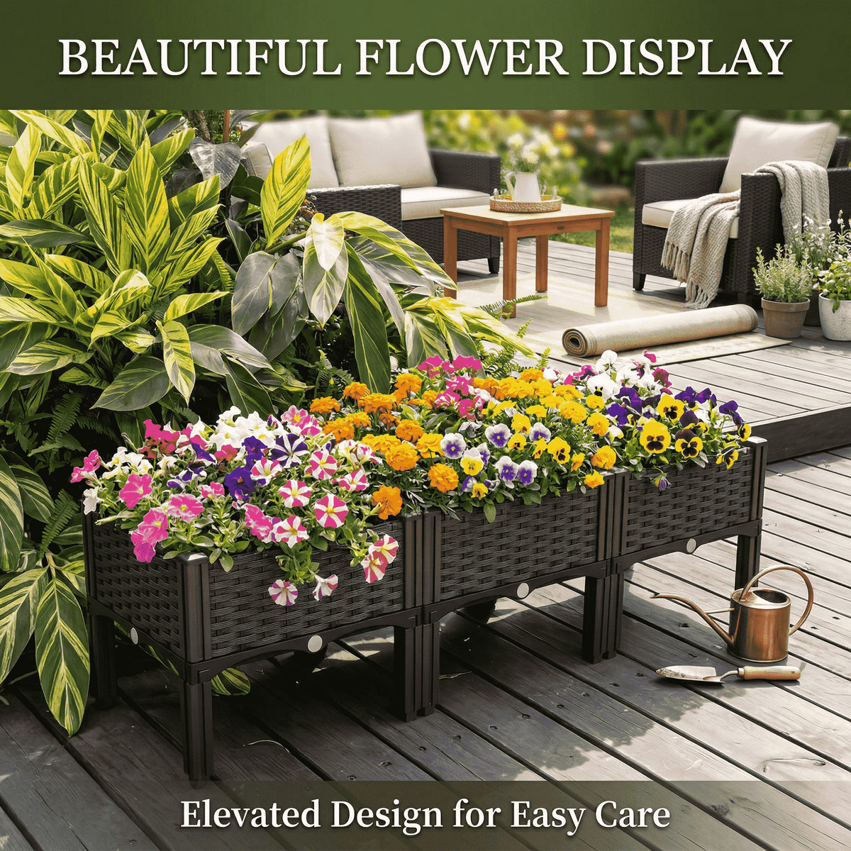 Elevated Plastic Planter Box Set with Legs, Two Raised Garden Beds with Listed Shovel for Outdoor Herb Growing, Vegetable Planting and Home Garden Projects