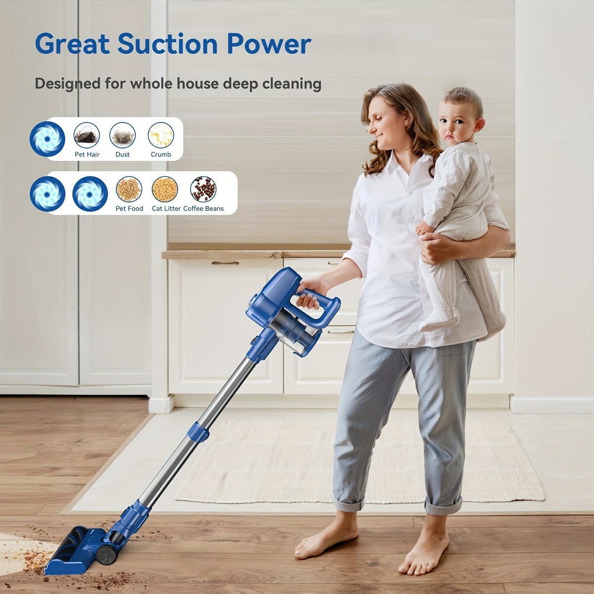 Stick Vacuum Cordless 46Kpa Powerful Suction, 6-in-1 Lightweight Vacuum Cleaner with Anti-Tangle LED-Lit Brush Head, Removable Battery for Hardwood, Carpet and Pet Hair