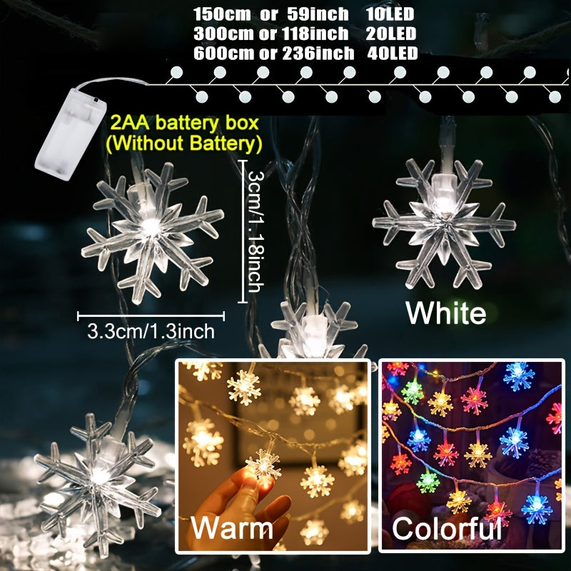 Snowflake LED String Lights for Christmas and Winter Party Decor, Warm White or Multicolor Options with 10, 20 or 40 LEDs, Batteries Not Included