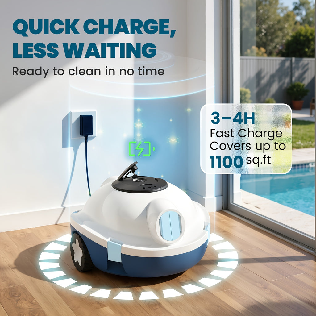 Cordless Robotic Pool Cleaner for Flat Pool Floors with Tracking Rope, Listed 120-Minute Runtime and 1100 Sq Ft Coverage in Four Color Options
