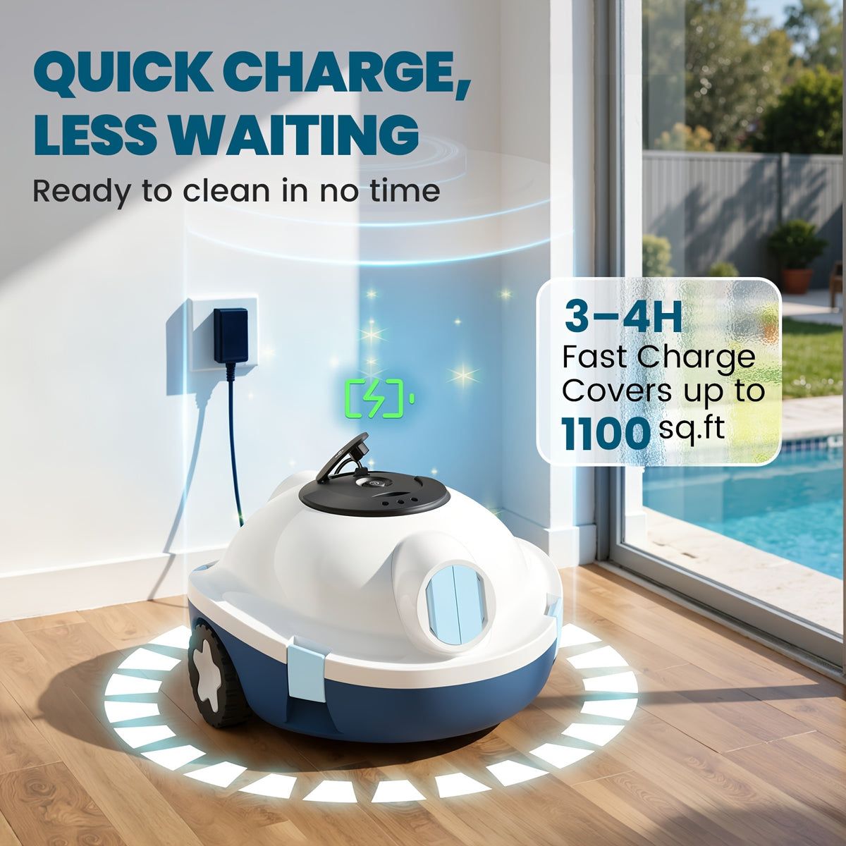 Cordless Robotic Pool Cleaner for Flat Pool Floors with Tracking Rope, Listed 120-Minute Runtime and 1100 Sq Ft Coverage in Four Color Options
