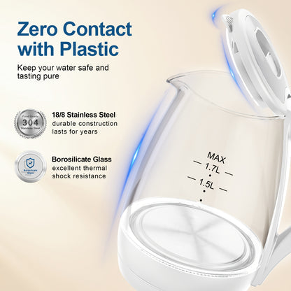 Blue LED Glass Electric Kettle with Listed 1.7L Capacity and 1200W Heating, Angled Pouring Spout, Auto-Shutoff and Boil-Dry Protection for Tea and Hot Water