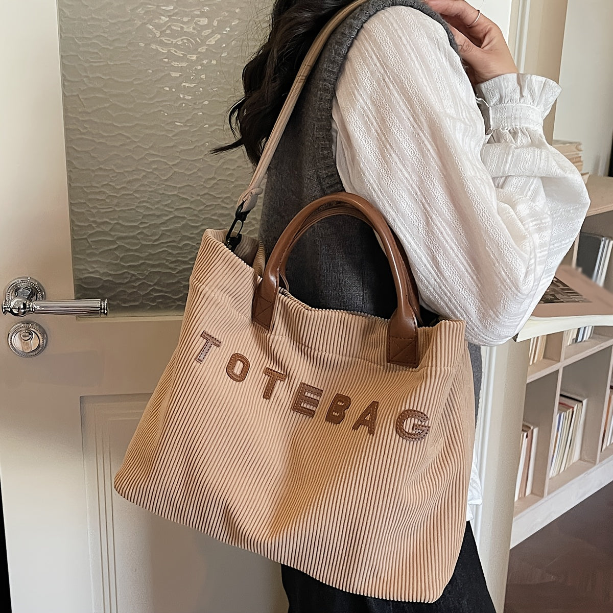 Corduroy Crossbody Tote Bag for Women with Adjustable Strap and Listed Hook-and-Loop Closure, Solid Color Shoulder Handbag for Commuting, Shopping and Casual Travel