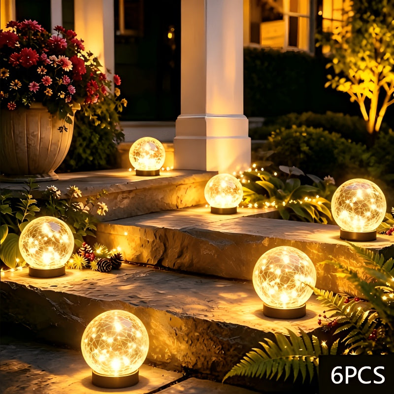 Warm White Solar Crackle Glass Ball Lights with Ground Stake Wording, Four, Six or Eight-Piece Packs for Decorative Garden Borders, Patios and Event Displays