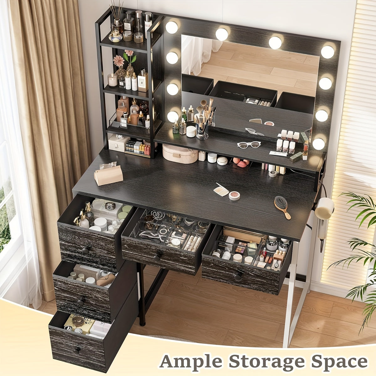 Black Vanity Desk with Lighted Mirror and Five Fabric Drawers, Three Lighting Modes, Adjustable Brightness and Listed Power Outlet for Bedroom Makeup Storage