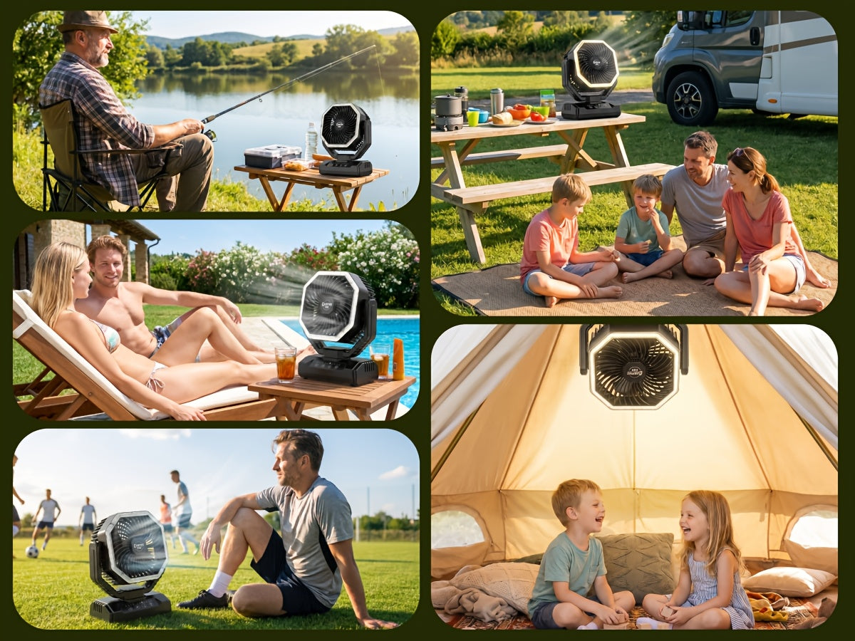 Battery Powered Camping Fan with 20000mAh Rechargeable Battery, Dual Auto Swing, 4 Speeds, 3-Level LED Light, 8-Hour Timer and Hanging Hook for Tents and RV Trips