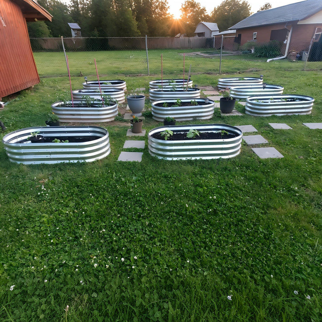 Galvanized Vegetable Garden Bed Set with Oval Metal Planter Design, Outdoor Raised Planting Boxes in Single and Multipack Options for Backyard Gardening
