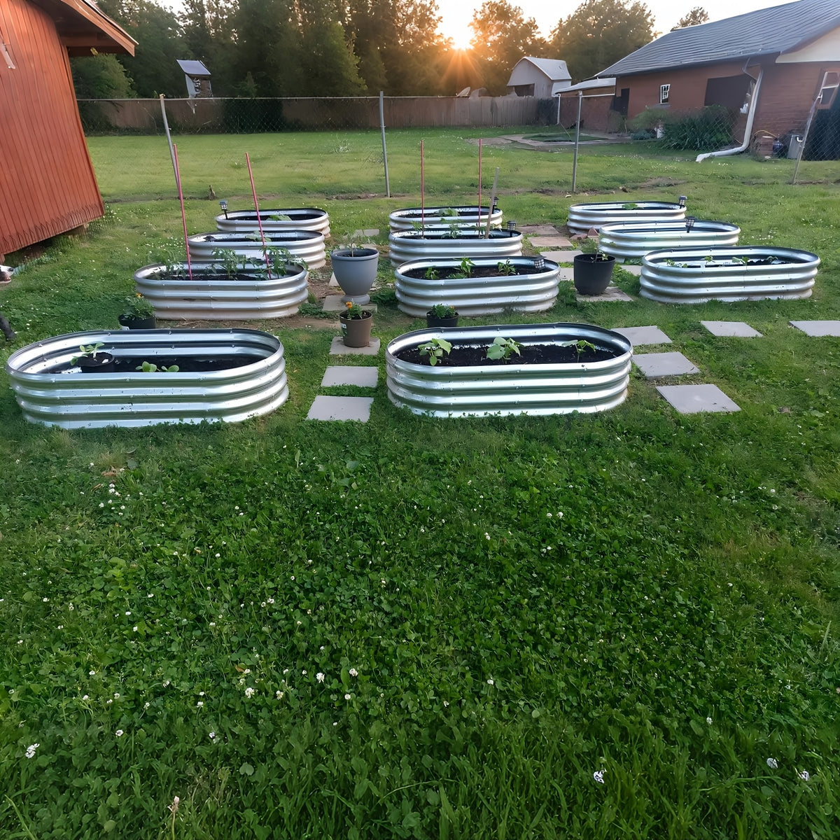 Galvanized Vegetable Garden Bed Set with Oval Metal Planter Design, Outdoor Raised Planting Boxes in Single and Multipack Options for Backyard Gardening