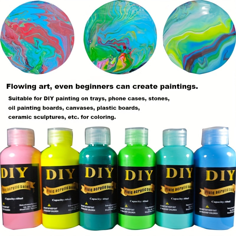 High-Gloss Fluid Acrylic Pour Paint Set with Six- or Twelve-Piece Options and Listed 2.03oz Bottles for Canvas, Plaster, Rock and Decorative DIY Art Projects