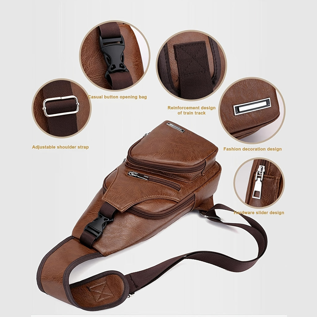 Faux Leather Sling Chest Bag with USB Port for Men and Women, Mini Single-Strap Crossbody Carry Bag in Black or Light Brown for Daily Outings and Travel