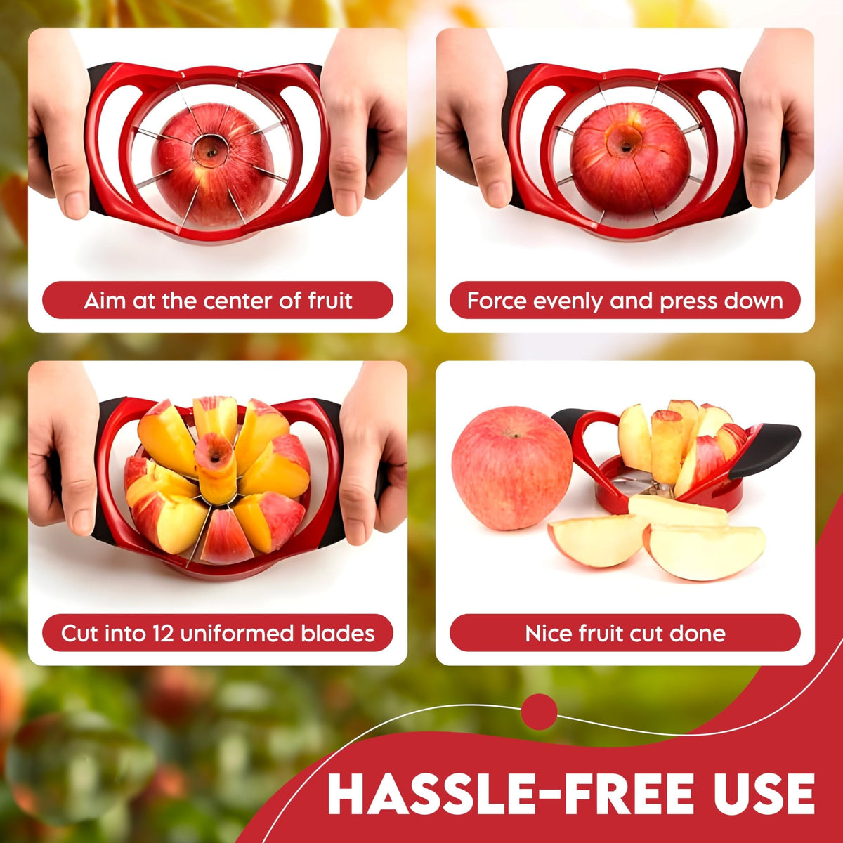 Stainless Steel Apple Slicer with Red Ergonomic Design, One-Piece Coring and Slicing Tool for Home Cooking, Fruit Snacks and Apple Baking Preparation