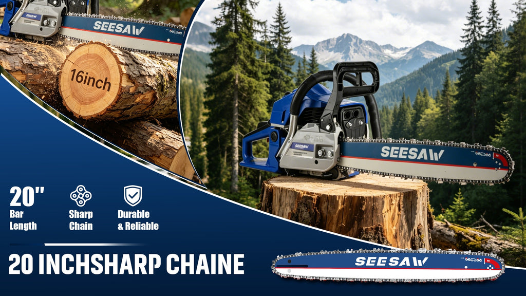 Gas Chainsaw with 62cc Two-Stroke Engine and Listed 20-Inch Bar, Four Color Options with Tool Kit, Oil Can and Bar Cover References for Outdoor Wood Cutting
