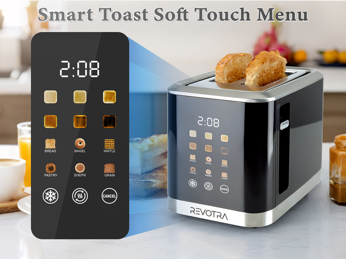 LED Display Breakfast Toaster in Black with Stainless Steel Construction, Wide Slots, Six Toasting Levels, Defrost, Heat and Cancel Functions and Crumb Tray