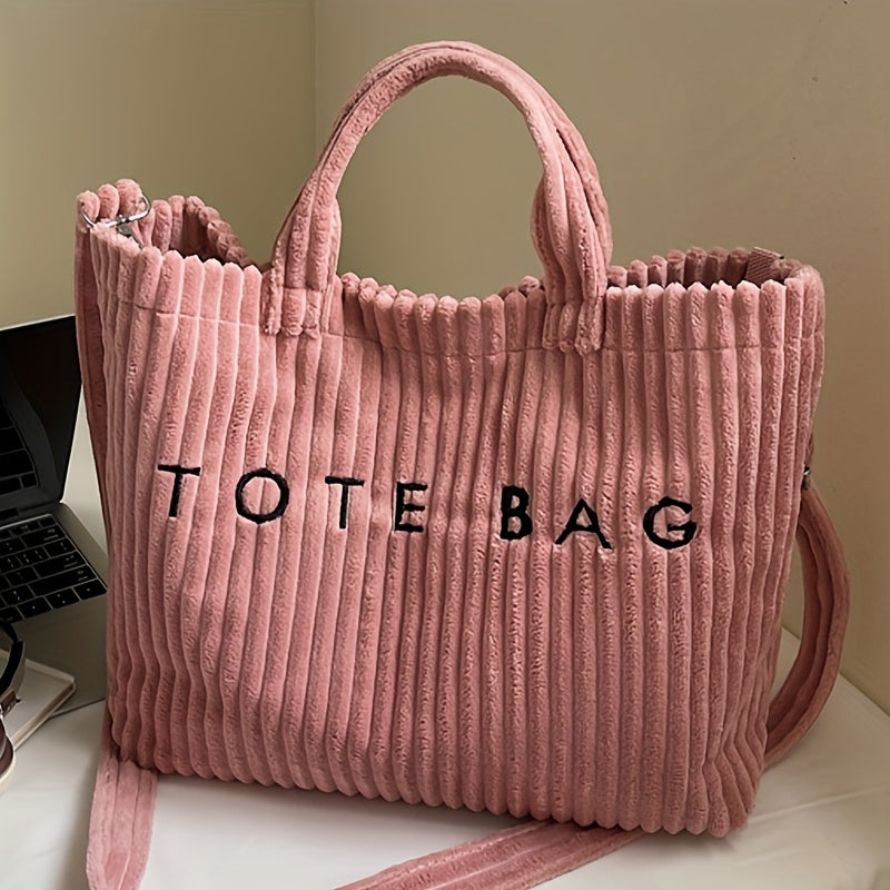Large Capacity Corduroy Tote Bag for Women with Adjustable Shoulder Strap, Letter Pattern and Contrast Design for Work and Casual Crossbody Wear