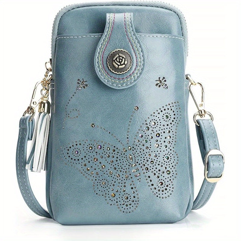 Butterfly Crossbody Phone Purse for Women with Shiny Pattern, Tassel, Adjustable Shoulder Strap and Zipper Closure in Five Colors for Everyday Outings