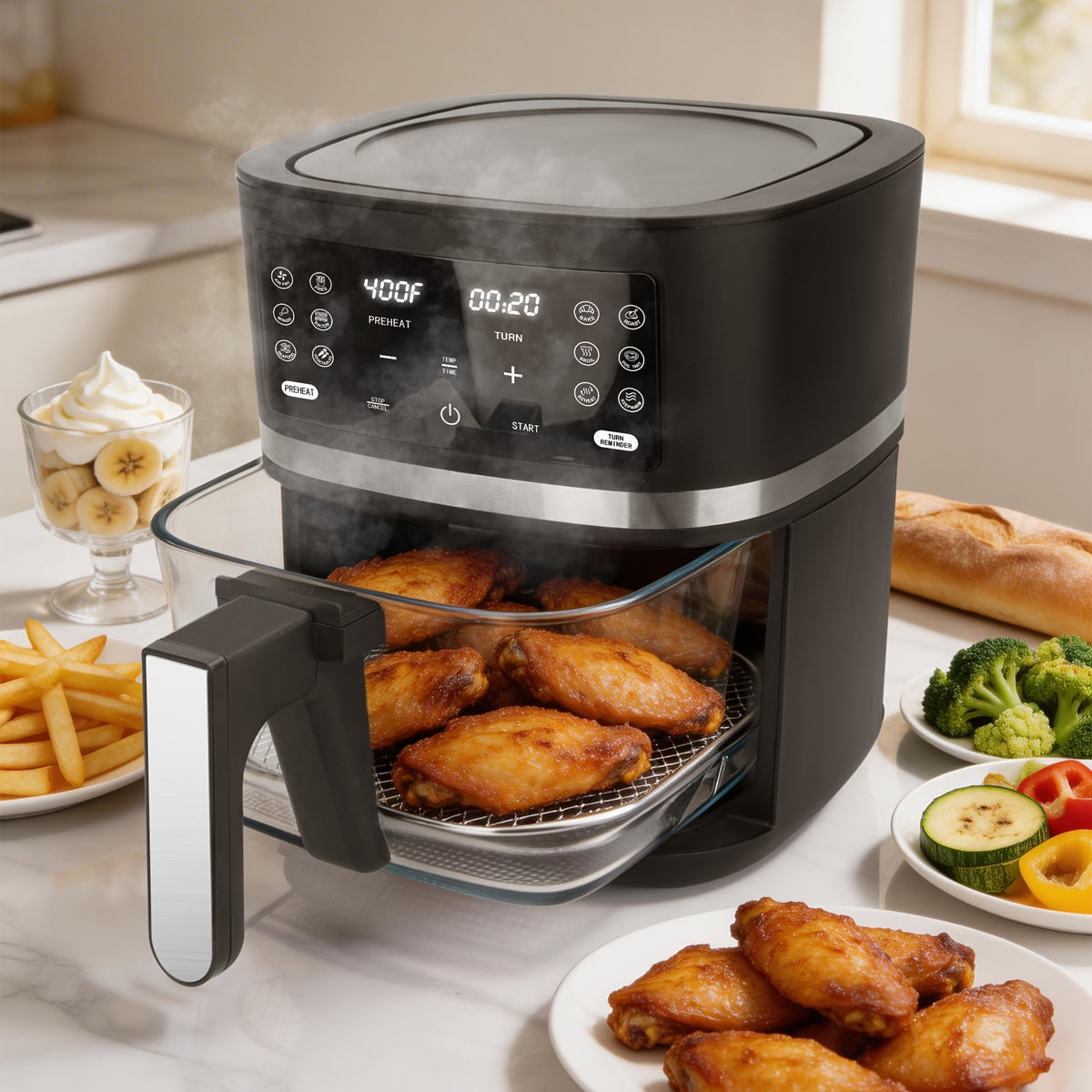 Glass Air Fryer 4.5QT, Non-Toxic 12-in-1 Air Fryer with Dishwasher-Safe Glass Basket, PFOA PFAS Free, Programmable Time and Temperature, Graphite Countertop Cooker