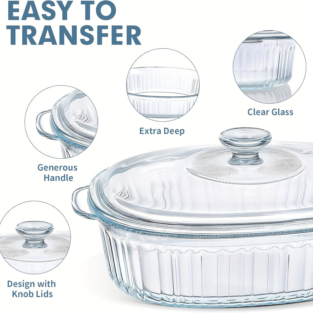 Oval Glass Baking Dish with Lid in 50oz or 85oz Sizes, Deep Transparent Borosilicate Cookware for Pasta, Casseroles, Chicken and Holiday Desserts