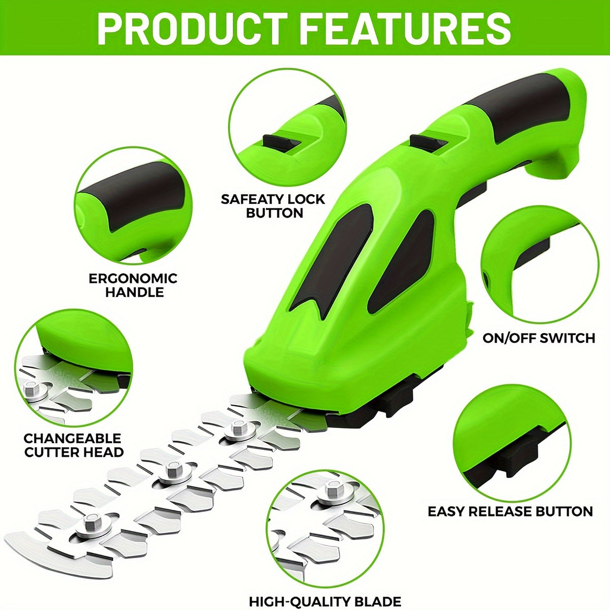 Electric Handheld Grass Shear in Green with USB-C Rechargeable Battery Operation, Listed 2-in-1 Grass and Hedge Trimming Functions for Lawn and Garden Maintenance