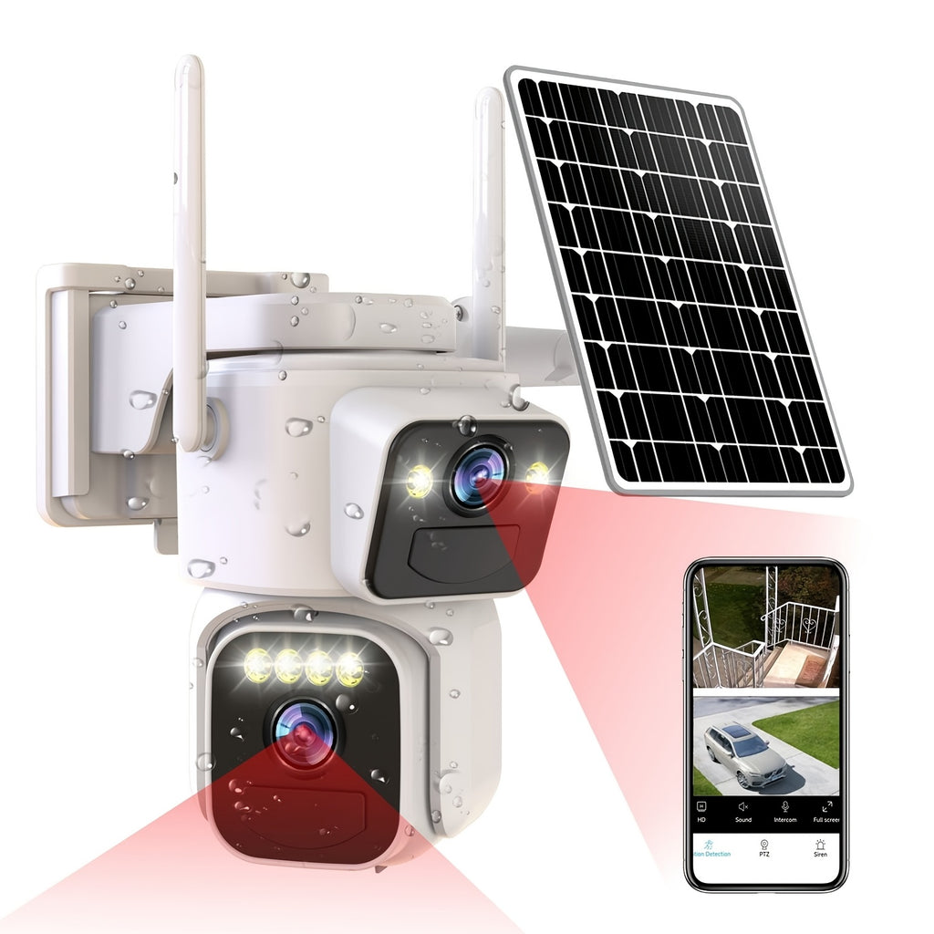 Dual Lens Solar Security Camera with 8000mAh Battery, Fixed Wide-Angle and PTZ Views, WiFi Motion Alerts, Two-Way Audio and Night Vision in White