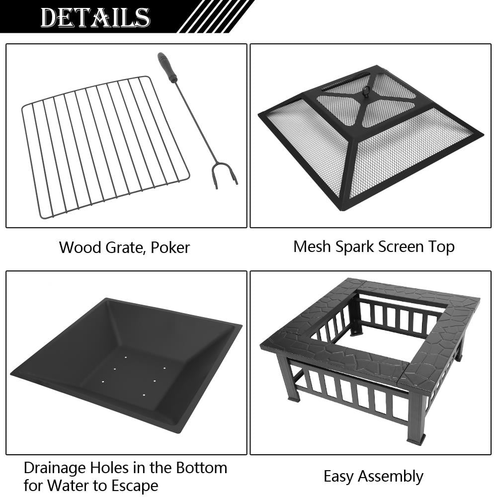 Square Wood Burning Fire Pit Table in Black Metal with Mesh Spark Screen and Poker, Four-Leg Outdoor Fire Bowl for Backyard and Patio Gatherings
