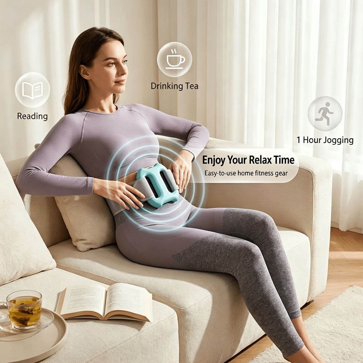 Electric Double-Ring Massager in Blue with Adjustable Belt and Listed Yoga Resistance Band, Fascia Roller Tool for Instruction-Guided Adult Personal Care