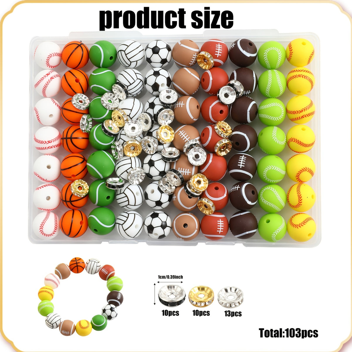Sports Ball Silicone Bead Set by Foyotri, Listed 103 Pieces with 15mm Round Straight-Hole Beads in Mixed Colors for DIY Bracelets, Jewelry and Decorative Crafts