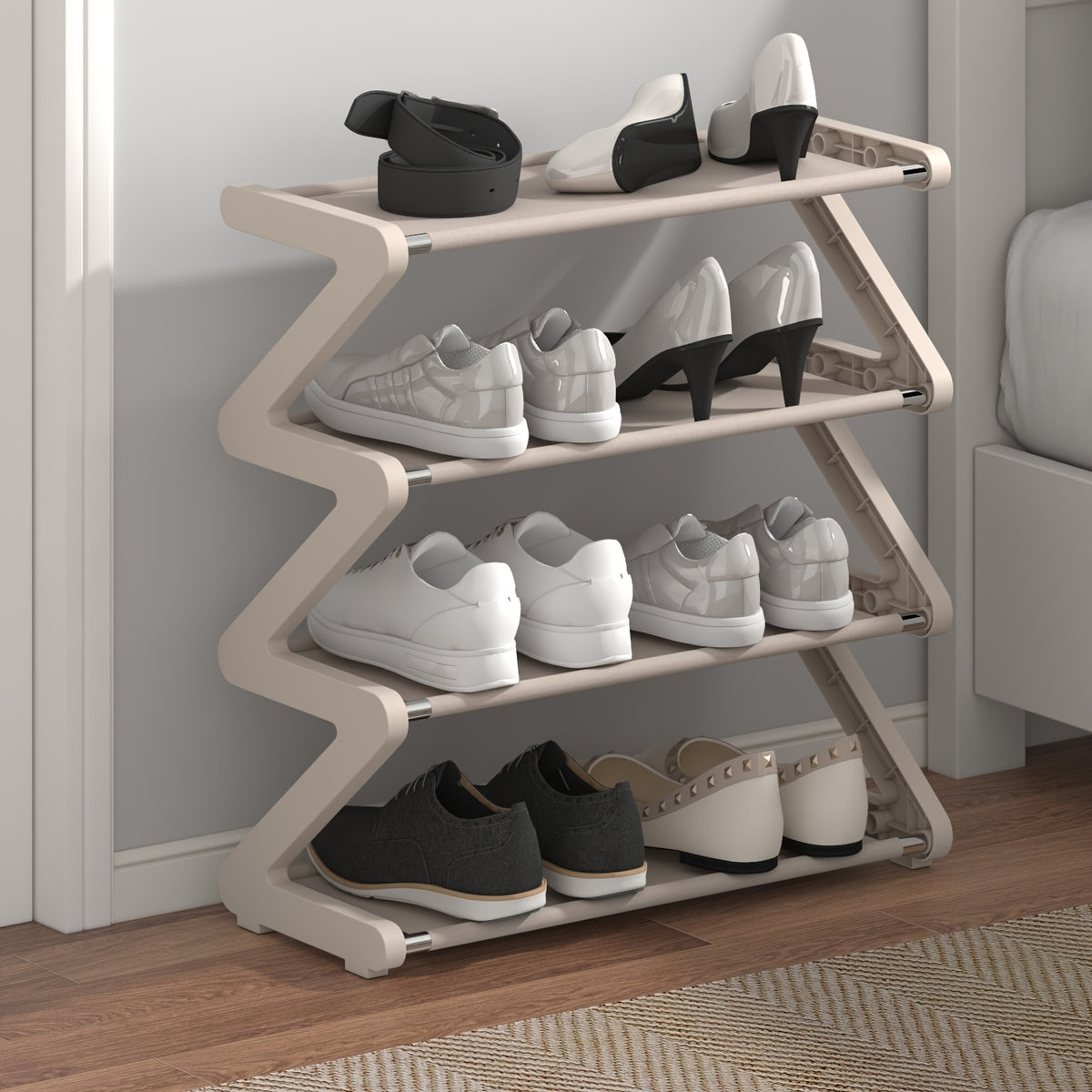 Z-Shaped Shoe Rack with Listed Four-Tier Design and Tool-Free Assembly, Metal Tubes and Plastic Connectors in Five Color and Model Options for Dorm Storage